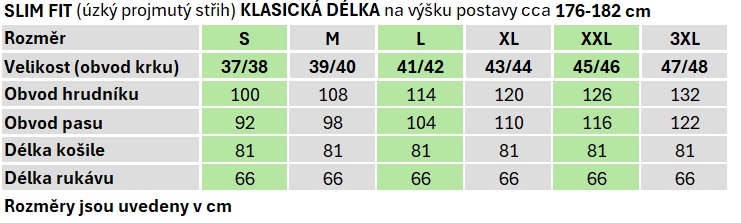 Tabulka velikostí MMER klasická délka Slim fit